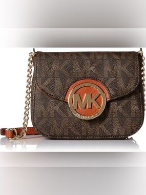 MK Fulton mini Classic Brown Canvas Crossbody w adj leather & Chain Strap NWOT